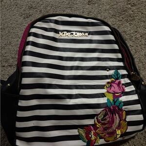 Betsey Johnson Black and White Striped Backpack with Floral Design